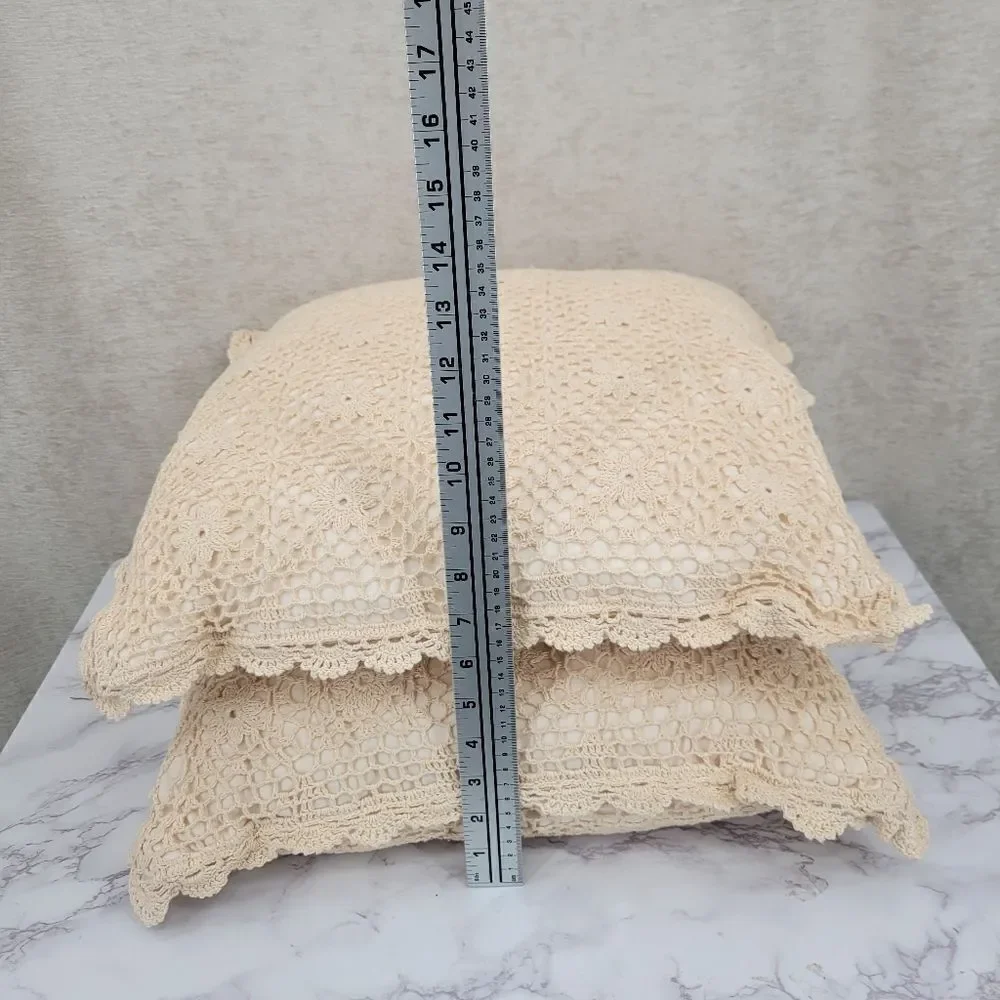 Vintage Cream Hand Crochet Lace Cotton Pillows Set of 2